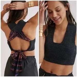 Anthropologie Charcoal Tank Top with Patterned Tie